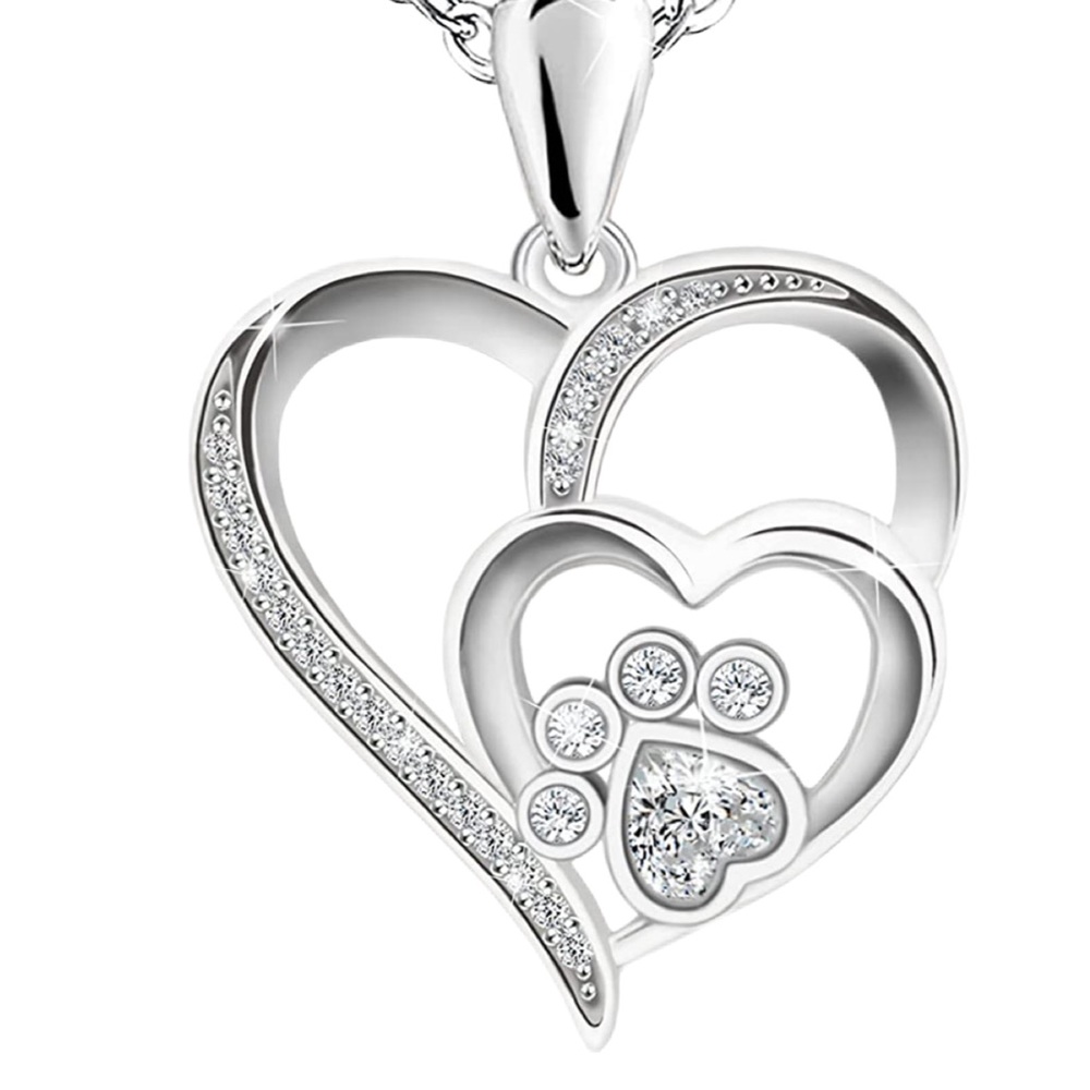 Paw Heart Necklace for Women - Sterling Silver Cubic Zirconia Dog Paw in Heart